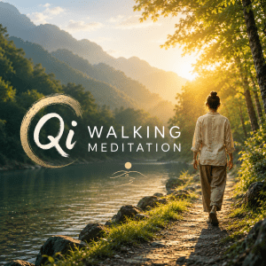 Qi Walking Meditation — serene riverside walking meditation at golden hour with warm sunlight filtering through trees, peaceful mountain landscape, calm reflective water, minimalist zen-inspired design, meditative atmosphere, person walking mindfully along a nature path, soft glowing light, tranquil wellness artwork for guided meditation cover.