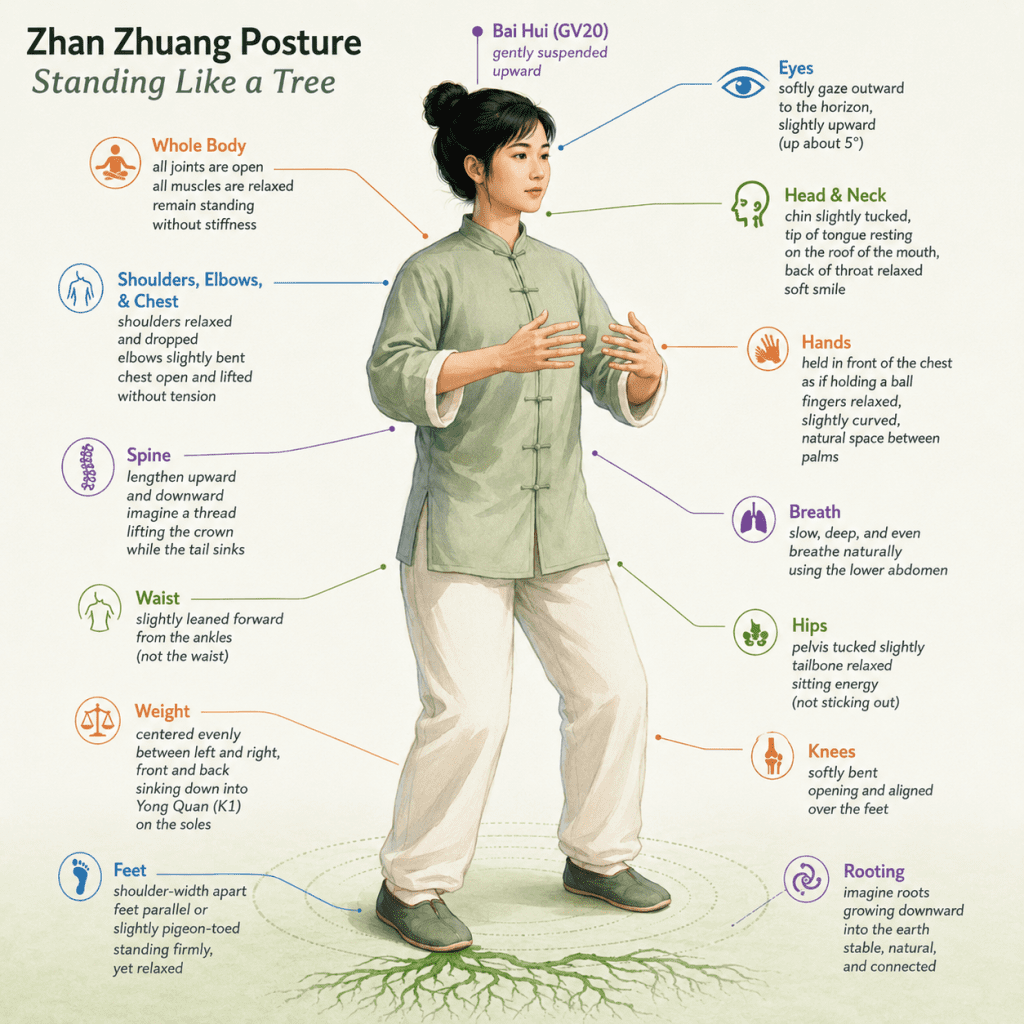 Standing Like a Tree (Zhan Zhuang) Qigong posture demonstrating proper alignment to improve balance and help prevent falls. A woman stands with relaxed shoulders and open chest, hands open and relaxed at shoulder height, spine lengthened upward, hips gently tucked, knees softly bent, and toes pointing straight forward for stability, posture, and confidence.