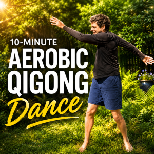 Joe performing an uplifting, flowing Qigong exercise barefoot in a lush, sunlit garden, with arms extended in a dynamic movement. Large text reads “10-Minute Aerobic Qigong Dance.”
