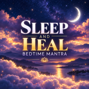 Rendition of a dreamy nighttime landscape with glowing purple and golden clouds, distant mountains, a reflective lake, a bright white crescent moon, and a star-filled sky. Large centered text reads “SLEEP AND HEAL” with “BEDTIME MANTRA” below and a glowing lotus symbol.
