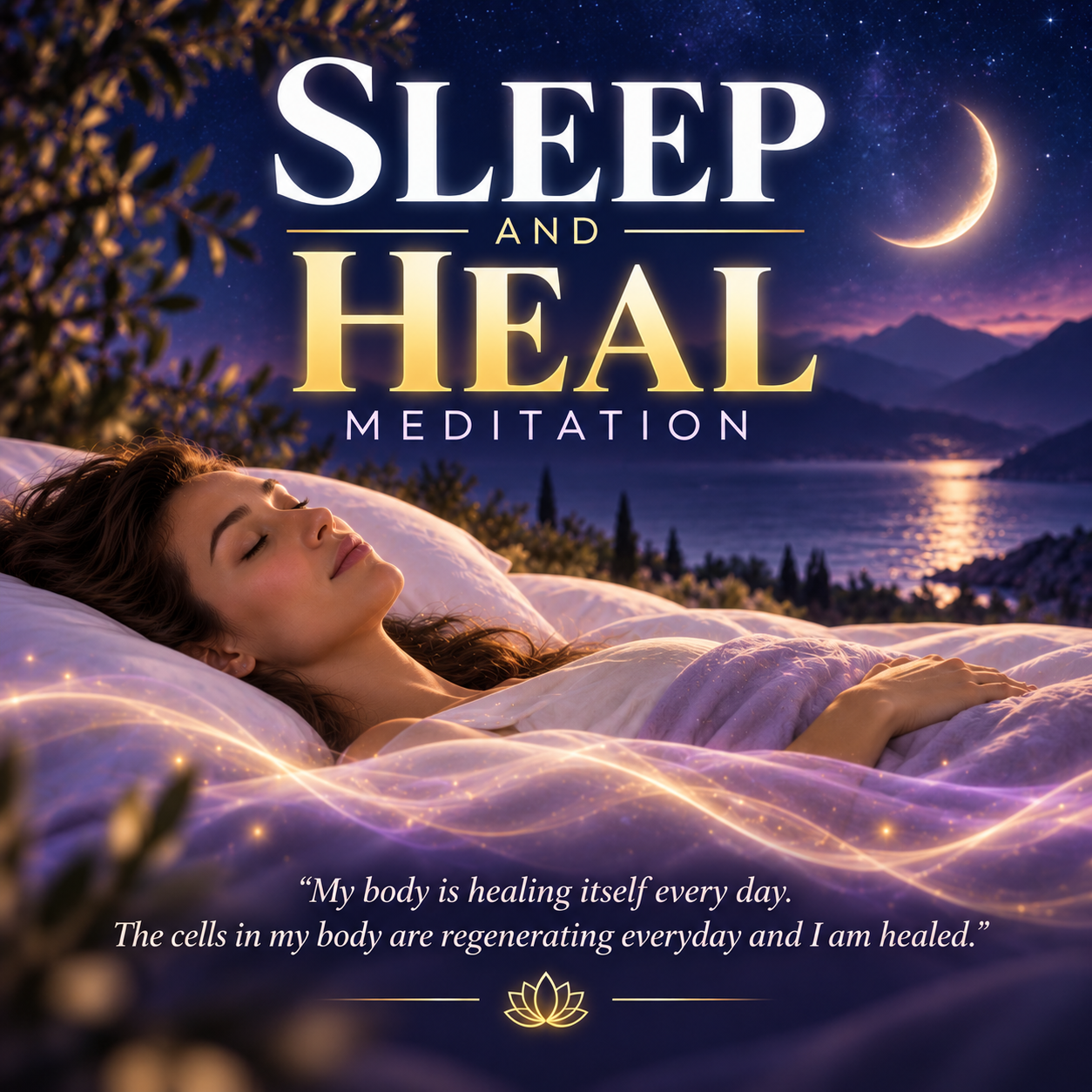 Dreamlike rendition for the Sleep and Heal Meditation showing a peaceful woman resting beneath a soft lavender blanket, surrounded by glowing purple and golden energy, a tranquil nighttime landscape, mountains, water, stars, and a crescent moon. Text reads “Sleep and Heal Meditation” and “My body is healing itself every day. The cells in my body are regenerating every day and I am healed.”