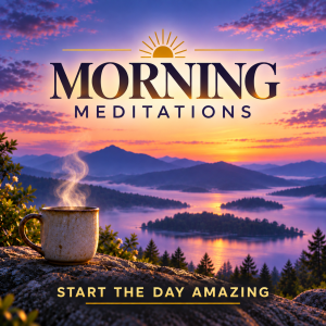 Rendition of a peaceful mountain lake at dawn with a steaming cup of coffee, colorful morning sky, and text reading “Morning Meditations — Start The Day Amazing.”