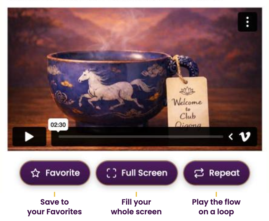 Club Qigong video player with three buttons below it: Favorite saves the video to your Favorites, Full Screen fills your screen, and Repeat plays the flow on a loop.