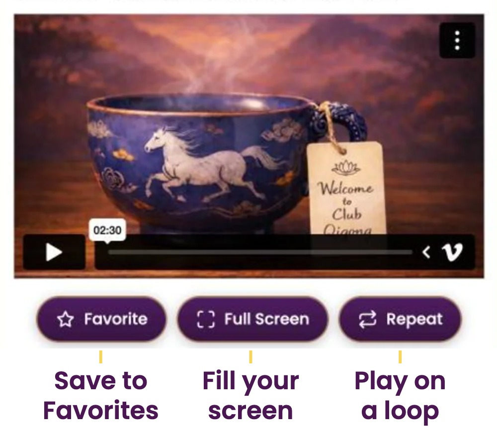 Club Qigong video player with three buttons below it: Favorite saves to your Favorites, Full Screen fills your screen, Repeat plays on a loop.