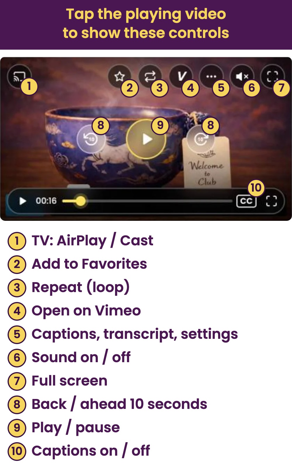 Tap the playing video to show these controls: 1 TV AirPlay or Cast, 2 Add to Favorites, 3 Repeat, 4 Open on Vimeo, 5 Captions, transcript, settings, 6 Sound on/off, 7 Full screen, 8 Back or ahead 10 seconds, 9 Play/pause, 10 Captions on/off.